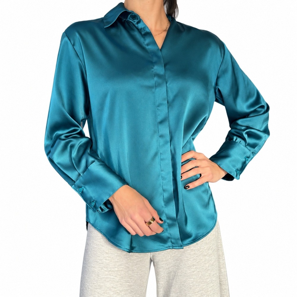 Zara Teal Blue Satin Button Down Long Sleeve Shirt